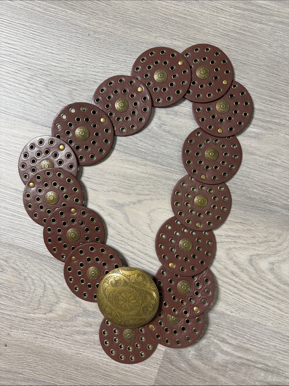 Round Disc Brown Leather Statement Belt with Ornate Gold-Tone Buckle